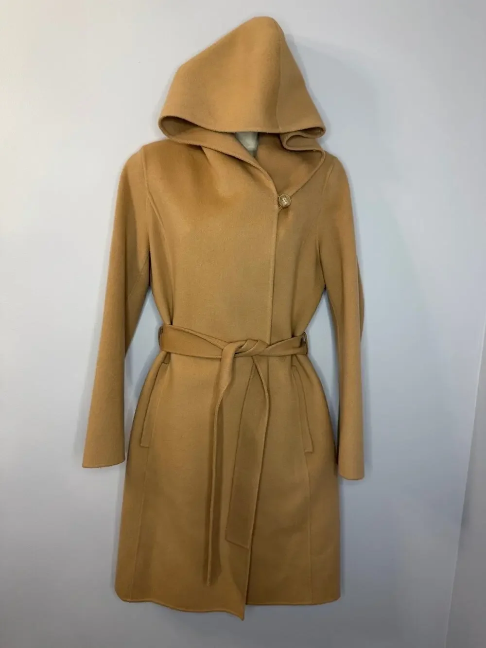 Theory Wilrose New Divide Wool Cashmere Wool Hooded Belted Wrap Coat Tan Sz S - Picture 1 of 14